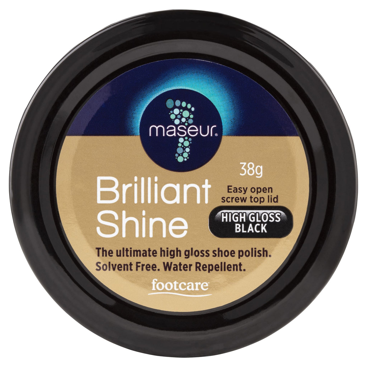 High gloss black shoe polish in 38g, designed to nourish, protect, and enhance the shine of leather footwear.