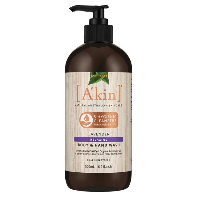 A'kin Relaxing Lavender Body & Hand Wash 500ML, featuring soothing organic lavender for a gentle, calming cleanse.