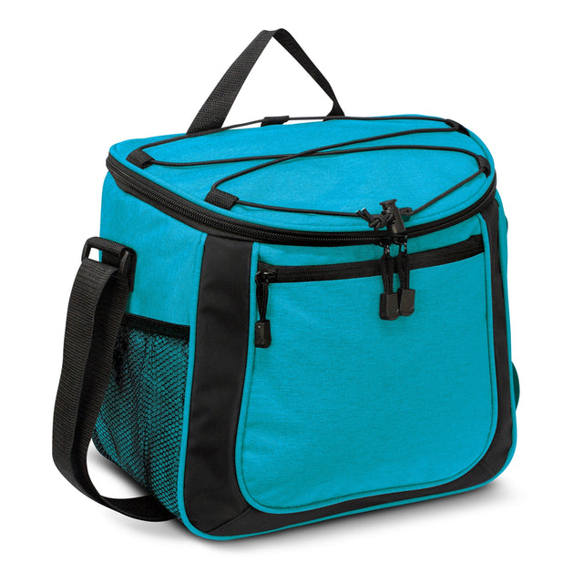 Light blue cooler bag with thick insulation, waterproof lining, and multiple storage pockets, perfect for outdoor adventures.