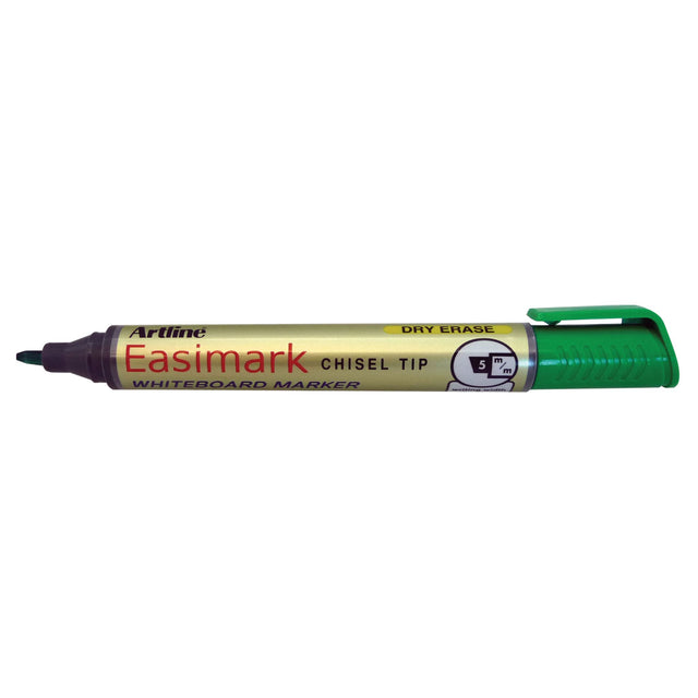 Artline 159 Easimark whiteboard markers in green, 5mm chisel nib, set of 12 for clear, bold writing on electronic boards.