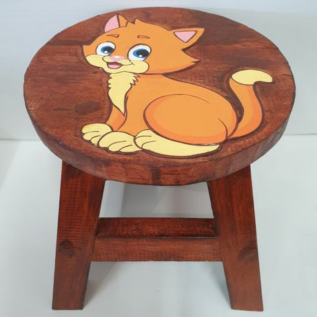 Kids Wooden Stool Kitty in eco-friendly wood, kitty-shaped design for comfort and stability, perfect for toddlers' rooms.