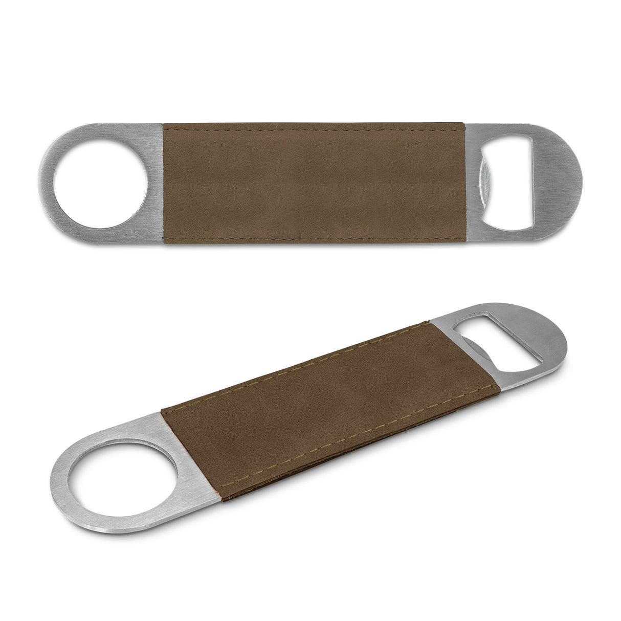 Dark brown Ballantyne bottle openers in a set of 12, featuring a stainless steel core and leather-look PU grip.