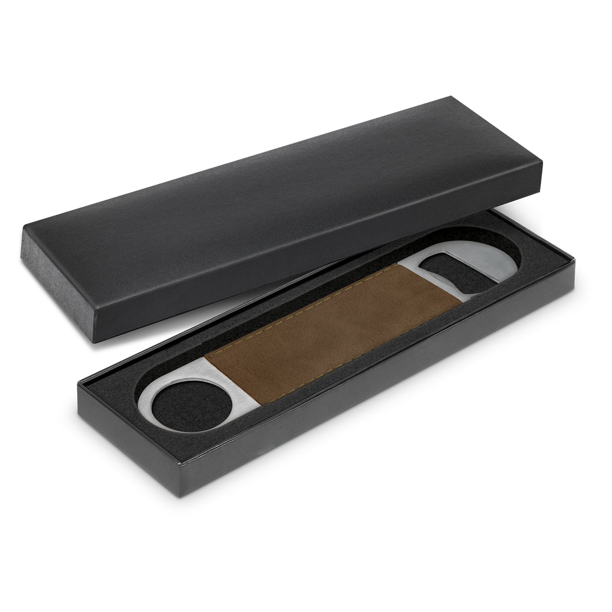 Set of 12 dark brown Ballantyne bottle openers featuring stainless steel and leather-look grips, elegantly boxed for gifting.