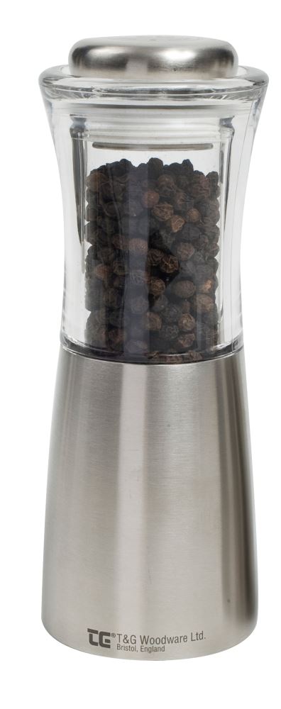 Sleek Apollo Pepper Mill featuring stainless steel and acrylic, with advanced CrushGrind® technology for perfect spice grinding.