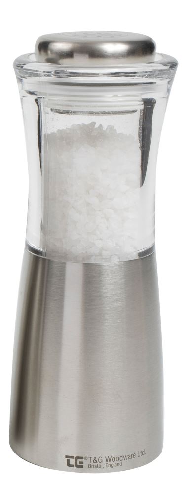 Sleek stainless and acrylic salt mill featuring durable CrushGrind® ceramic for effortless, precise seasoning in style.