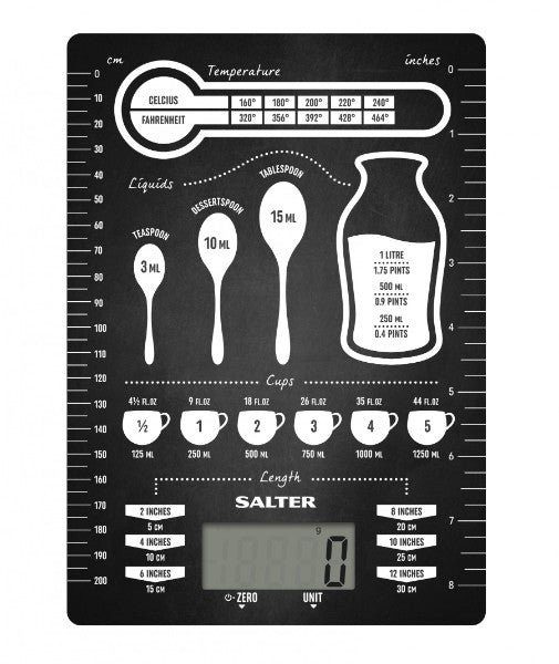 Sleek Salter Electronic Kitchen Scale 1171CNDR with glass platform, large display, and conversion table for precise measurements.