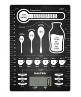 Sleek Salter Electronic Kitchen Scale 1171CNDR with glass platform, large display, and conversion table for precise measurements.