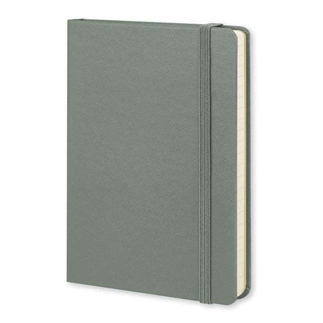 Grey Moleskine Classic Hard Cover Pocket Notebook with elastic closure, 192 pages of lined ivory paper, and bookmark ribbon.