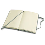 Pocket-sized grey Moleskine notebook featuring 192 lined pages, elastic closure, bookmark, and expandable back pocket.