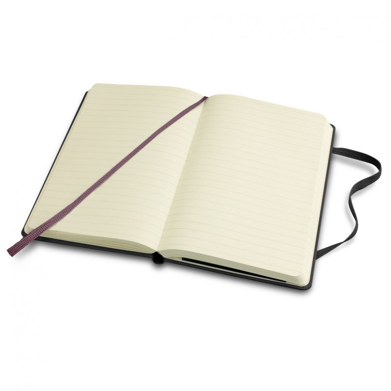 Moleskine Classic black pocket notebook with hard cover, 192 lined pages, elastic closure, bookmark, and expandable pocket.