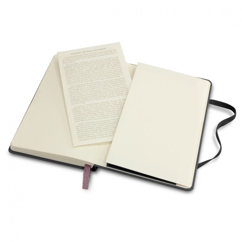 Moleskine Classic Pocket Notebook in black, featuring 192 ivory-lined pages, elastic closure, and expandable back pocket.