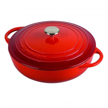 Pyrolux Pyrochef Low Chef Pan 4L in red, featuring lightweight cast iron, easy-clean enamel, and moisture retention design.