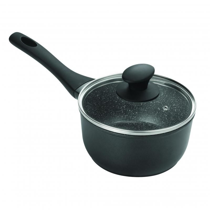 Pyrolux Pyrostone 18cm saucepan with non-stick coating, tempered glass lid, and ergonomic handle for versatile cooking.