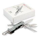 Silver Berg Multi-Tool featuring 9 functions, carabiner, and durable packaging for outdoor and everyday use.