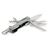 Silver Berg Multi-Tool featuring 9 functions, carabiner attachment, and a sleek design, perfect for outdoor and everyday use.