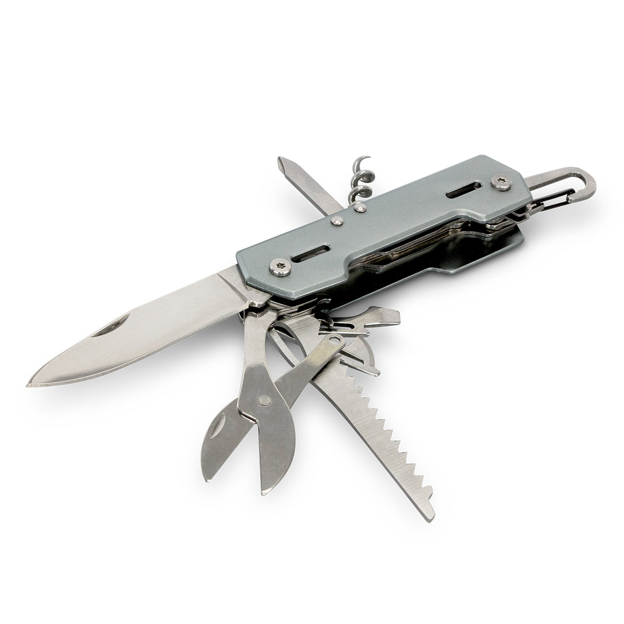 Silver Berg Multi-Tool with 9 functions, carabiner, and compact design, ideal for outdoor adventures and DIY tasks.