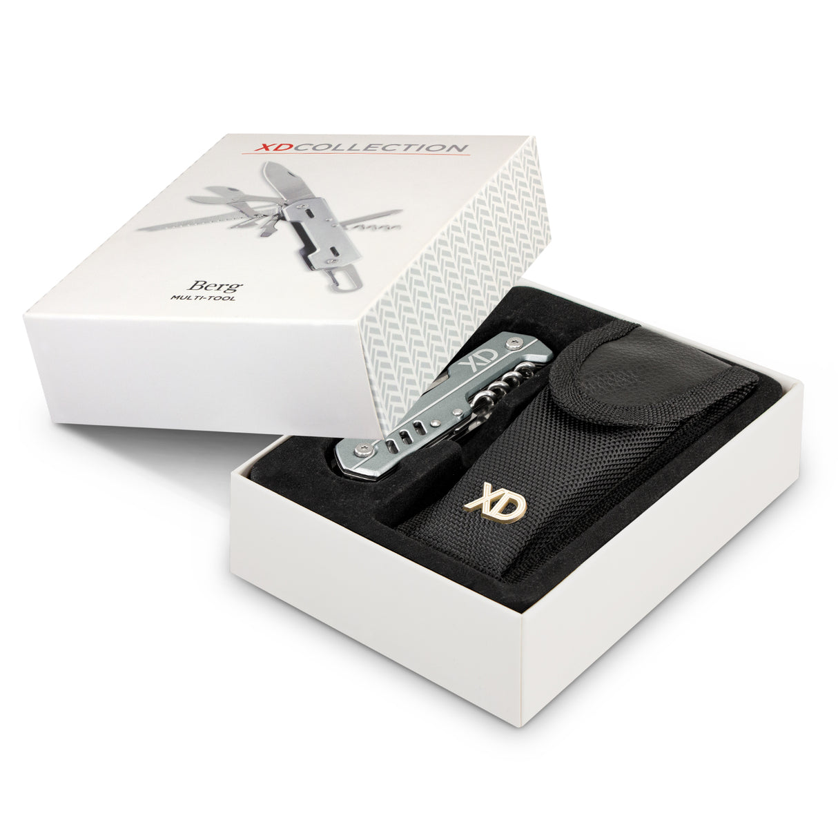 Silver Berg Multi-Tool featuring 9 functions, carabiner, and a stylish XD gift box, ideal for outdoor and home use.