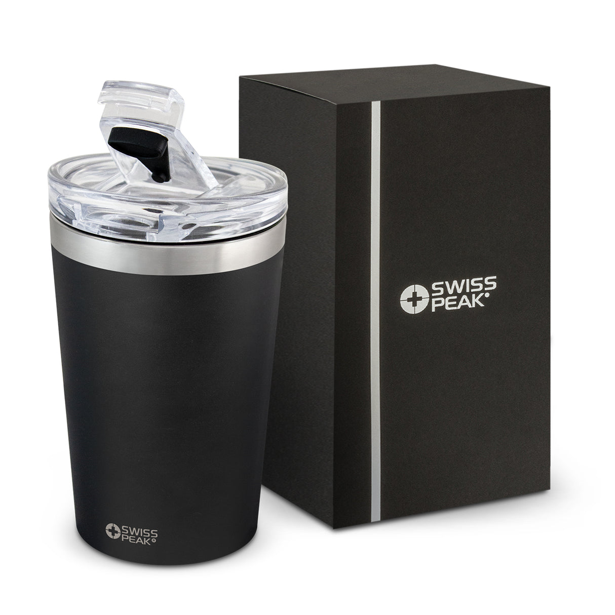 Sleek black Swiss Peak Vacuum Cup with 350ml capacity, double wall insulation, and leak-resistant lid for safe on-the-go sipping.