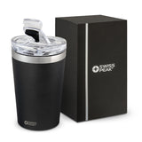 Sleek black Swiss Peak Vacuum Cup with 350ml capacity, double wall insulation, and leak-resistant lid for safe on-the-go sipping.