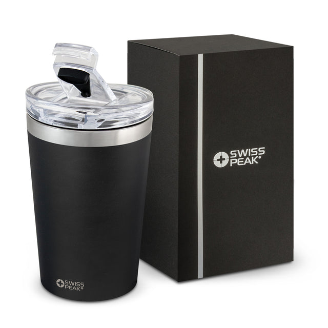 Sleek black Swiss Peak Vacuum Cup with 350ml capacity, double wall insulation, and leak-resistant lid for safe on-the-go sipping.