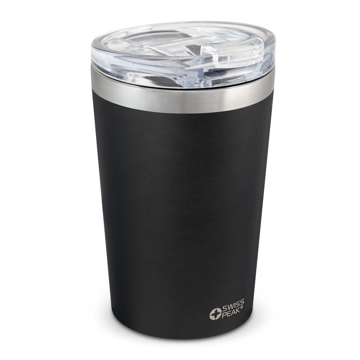 Sleek black Swiss Peak Vacuum Cup with 350ml capacity, double wall insulation, and secure leak-resistant lid, ideal for on-the-go drinks.