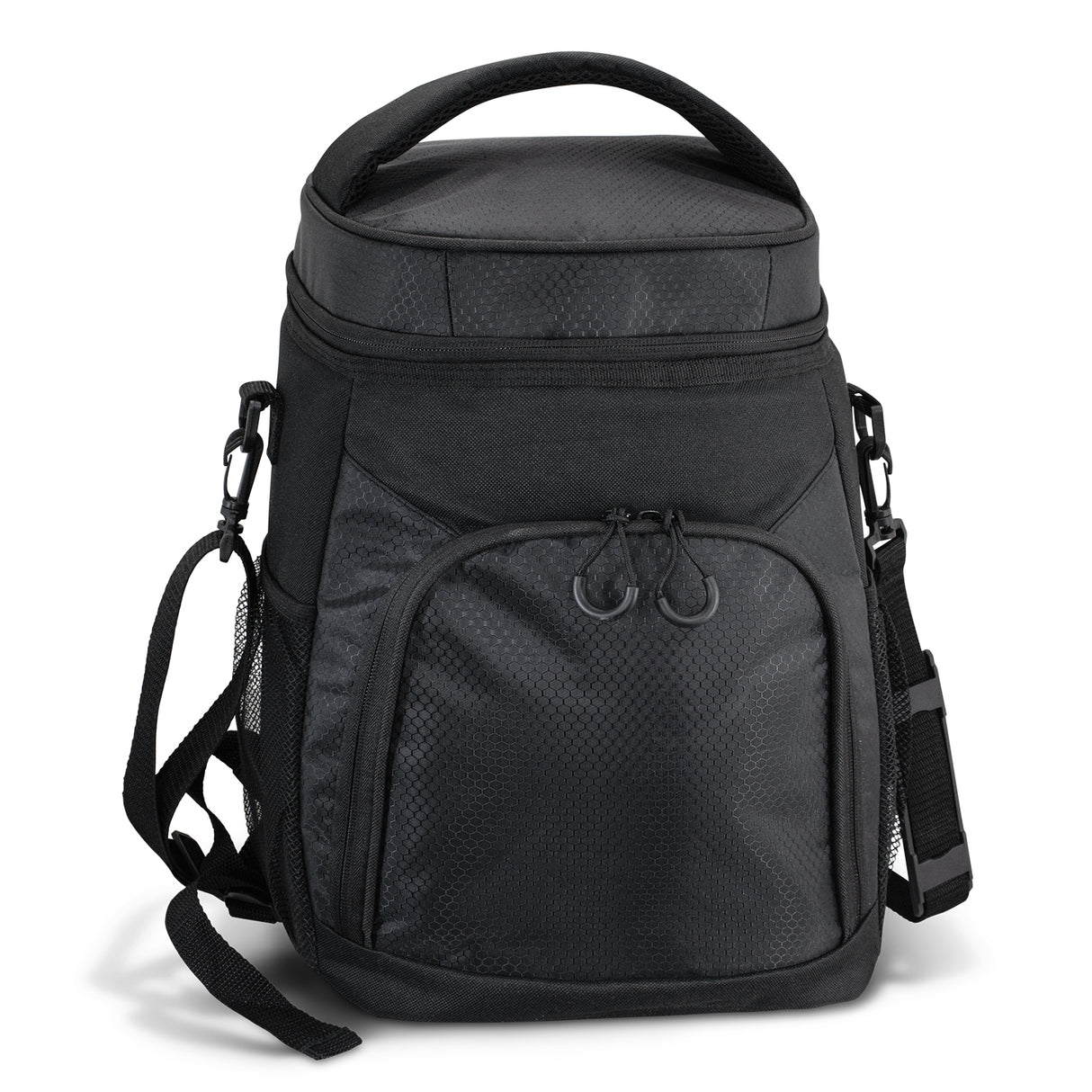 Premium black cooler backpack with 18L capacity, foam insulation, mesh pockets, and adjustable straps for outdoor adventures.