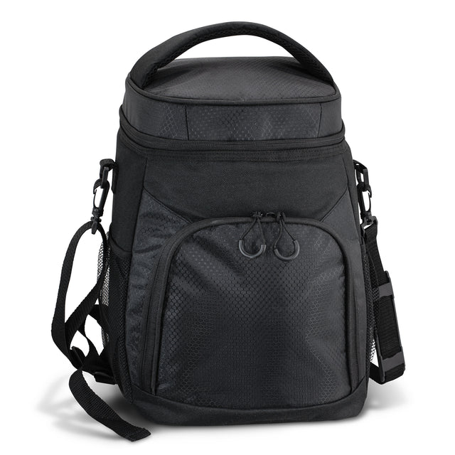 Premium black cooler backpack with 18L capacity, foam insulation, mesh pockets, and adjustable straps for outdoor adventures.