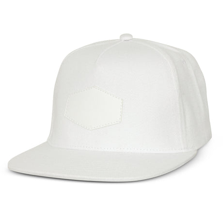 Flat peak white cap with embroidered eyelets, sweatband, and adjustable snapback, ideal for customization and style.