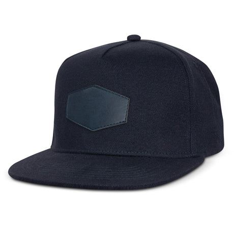 Navy flat peak cap made from heavy brushed cotton with embroidered eyelets and adjustable snapback, sold in 20 units.