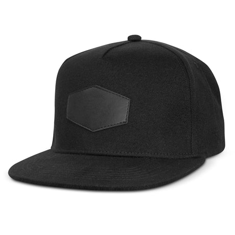 Regal Flat Peak Black Cap with Patch, structured five-panel design, adjustable snapback, ideal for style and comfort, pack of 20.