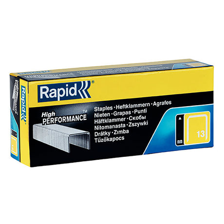 Box of Rapid 13/10mm staples (Bx5000) designed for textiles, offering low visibility and durable fixation for craft and professional use.