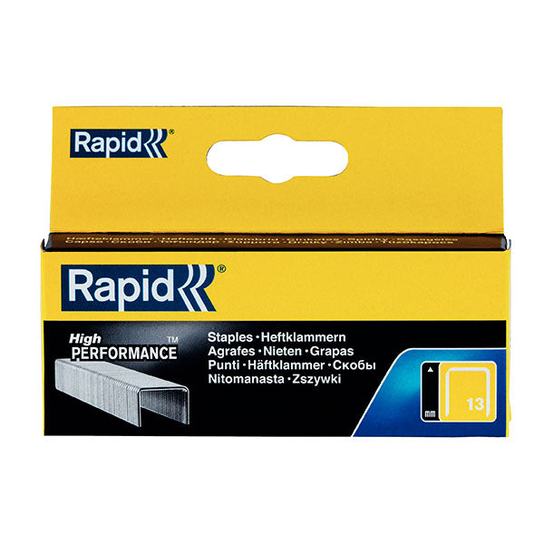 Rapid Staples 13/10mm Bx2500: fine wire staples for textiles, low visibility design, durable galvanised wire, 10mm leg length.