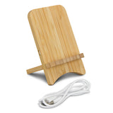 Eco-friendly bamboo wireless charging stand for seamless charging of modern smartphones, perfect for home or office use.