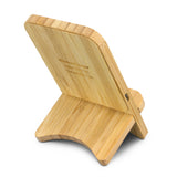 Eco-friendly bamboo wireless charging stand, stylish and compatible with modern smartphones for convenient charging.