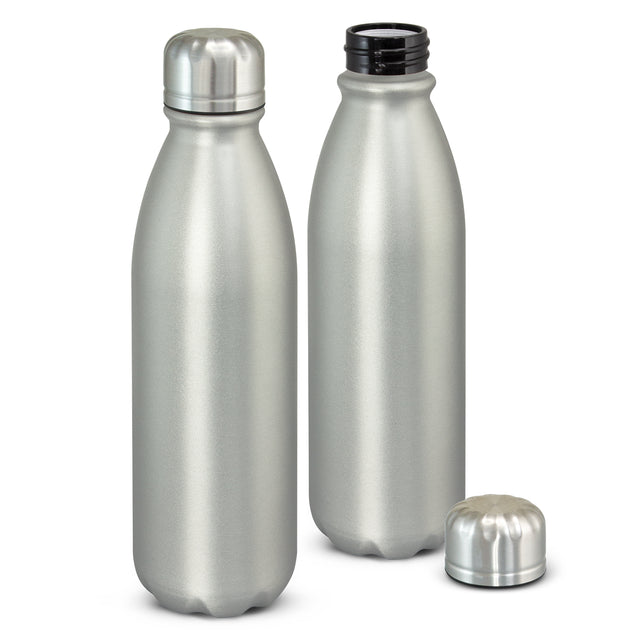 Sleek 750ml matte silver aluminium water bottle with secure stainless steel lid, eco-friendly and stylish for any activity.