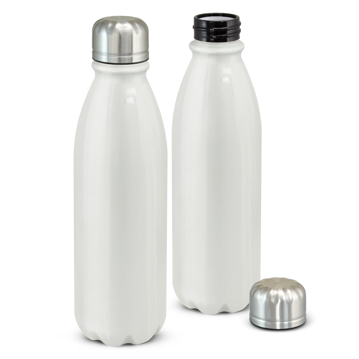 Sleek white aluminium bottle set of 12, 750ml, BPA-free, with stainless steel lid, perfect for hydration on-the-go.