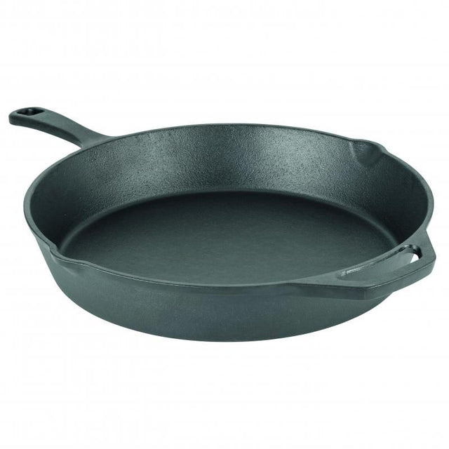 Heavy-duty 30cm cast iron skillet with pre-seasoned non-stick surface, perfect for searing and grilling.