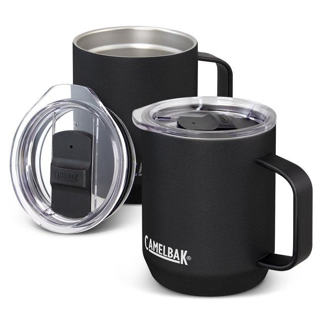 Black CamelBak Horizon Vacuum Camp Mug, 350ml, features double-wall insulation, easy-grip handle, spill-resistant lid, and non-slip base.