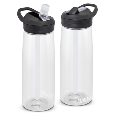 Clear CamelBak Eddy 750ml water bottle with spill-proof flip valve and silicone bite valve for easy hydration on the go.