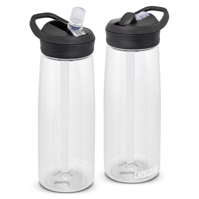 Clear CamelBak Eddy 750ml water bottle with spill-proof flip valve and silicone bite valve for easy hydration on the go.