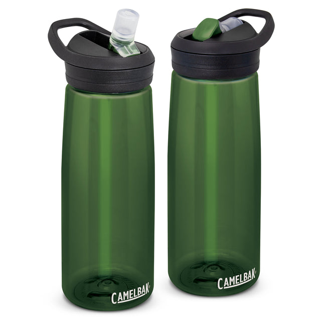 Lightweight CamelBak Eddy 750ml water bottle in olive, featuring a spill-proof flip valve and medical-grade silicone bite valve.