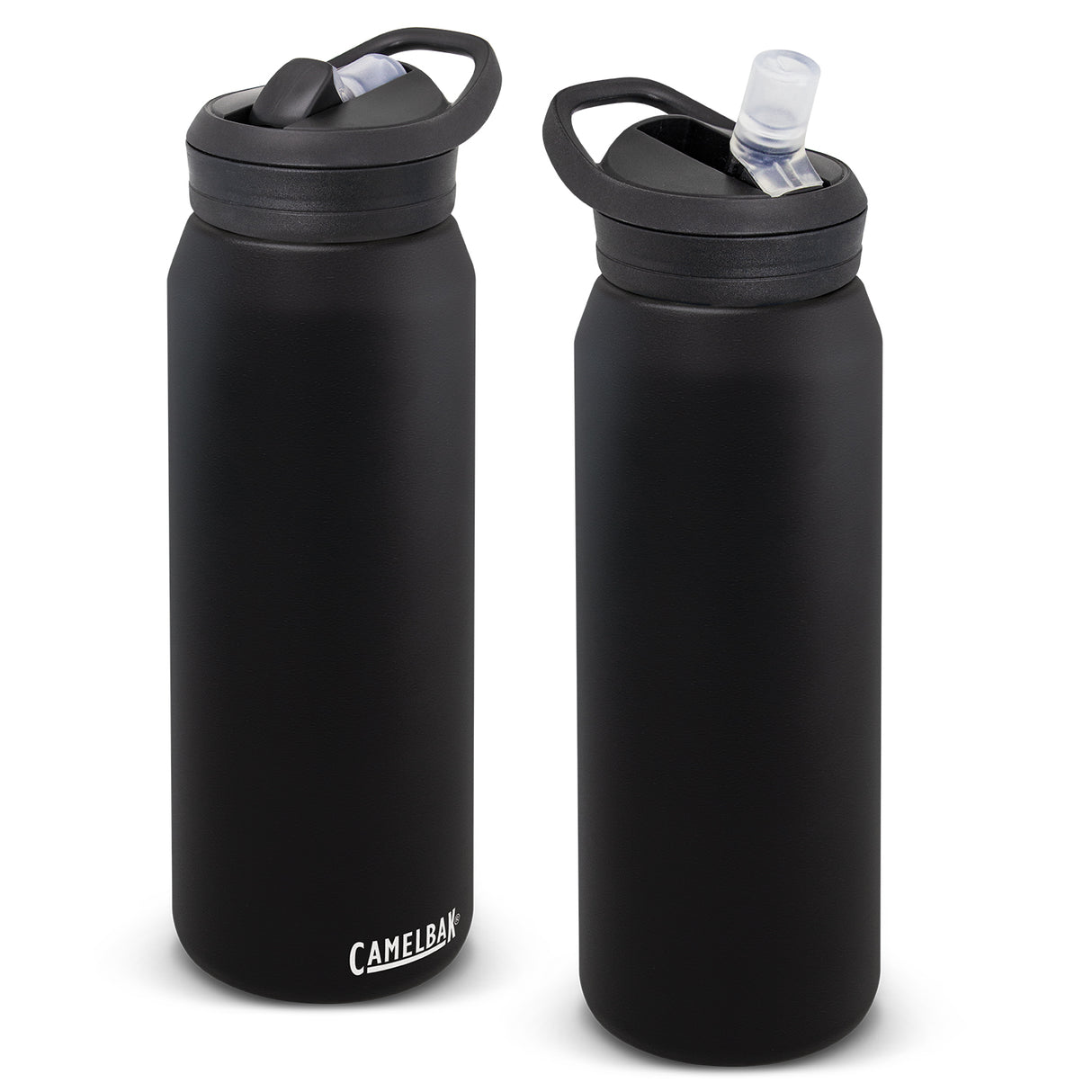 CamelBak Eddy 1L Vacuum Bottle in black, featuring double-wall insulation, spillproof lid, and medical-grade silicone bite valve.