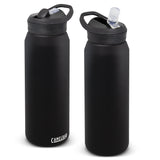 CamelBak Eddy 1L Vacuum Bottle in black, featuring double-wall insulation, spillproof lid, and medical-grade silicone bite valve.