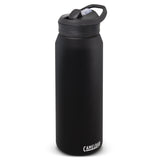 Black CamelBak Eddy 1L vacuum bottle, double-wall insulated, with a flip valve and carry handle for easy hydration on-the-go.