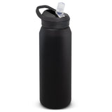Sleek black CamelBak Eddy 1L vacuum bottle with spillproof design, double-wall insulation, and a medical-grade silicone bite valve.