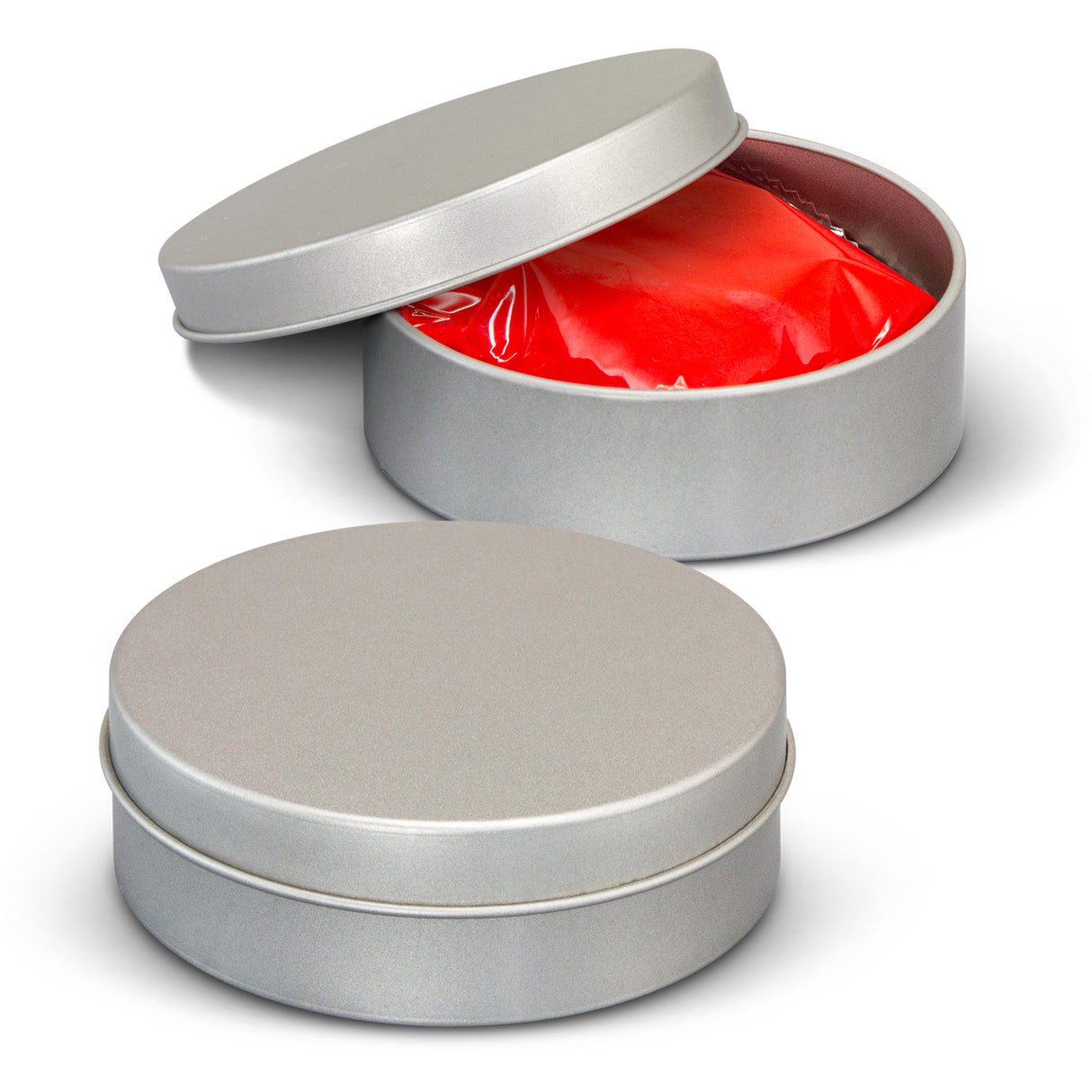 Red stress putty in a round metal tin, ideal for stress relief and creativity, perfect for both kids and adults.