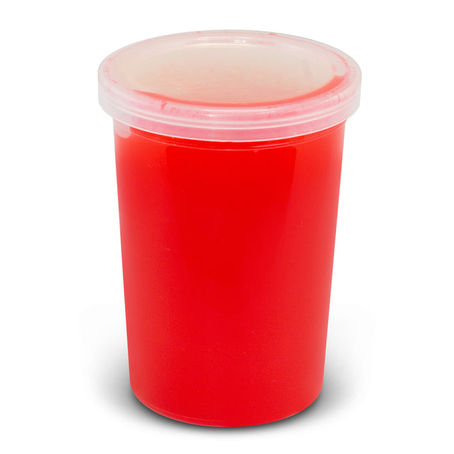 Vibrant red stress slime in a secure container, perfect for stress relief and creative play; 20 units included.