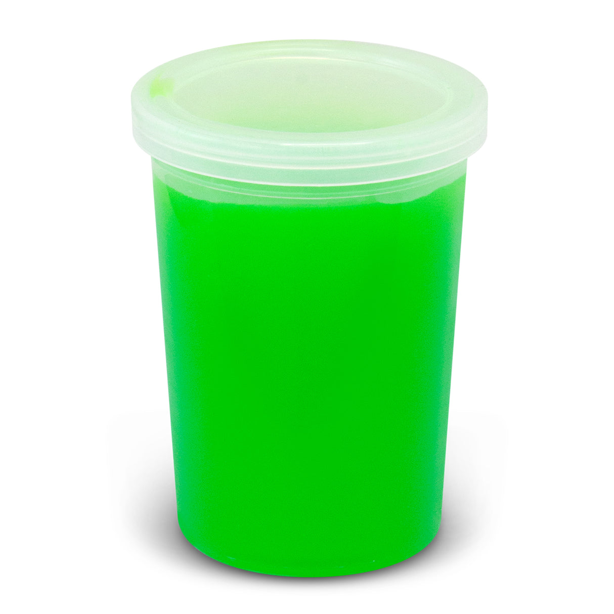 Vibrant green stress slime in a snug container, perfect for stress relief and fun sensory play for all ages.
