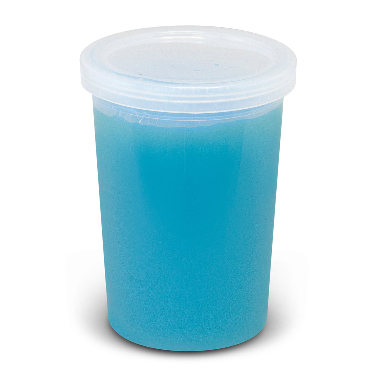 Vibrant blue stress slime in a secure container, perfect for stress relief and sensory play for all ages. Pack of 20 units.