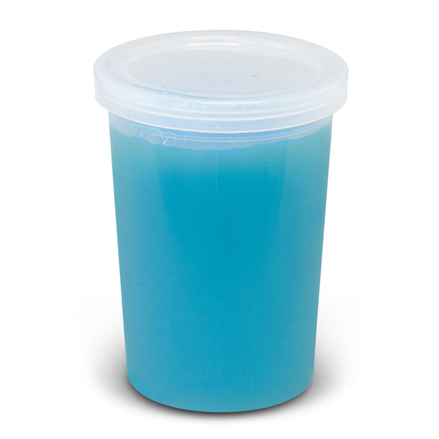 Vibrant blue stress slime in a secure container, perfect for stress relief and sensory play for all ages. Pack of 20 units.